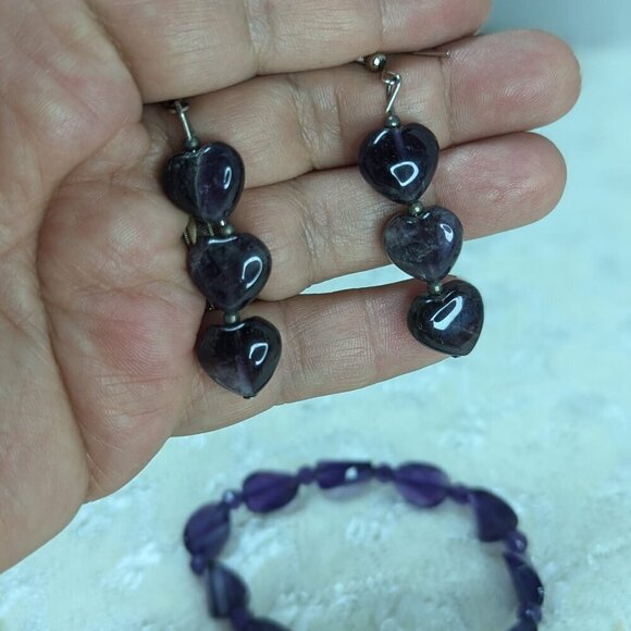 Vintage Estate Amethyst? Ametrine? Beaded Gold Tone Necklace Earrings Bracelet - Picture 7 of 10